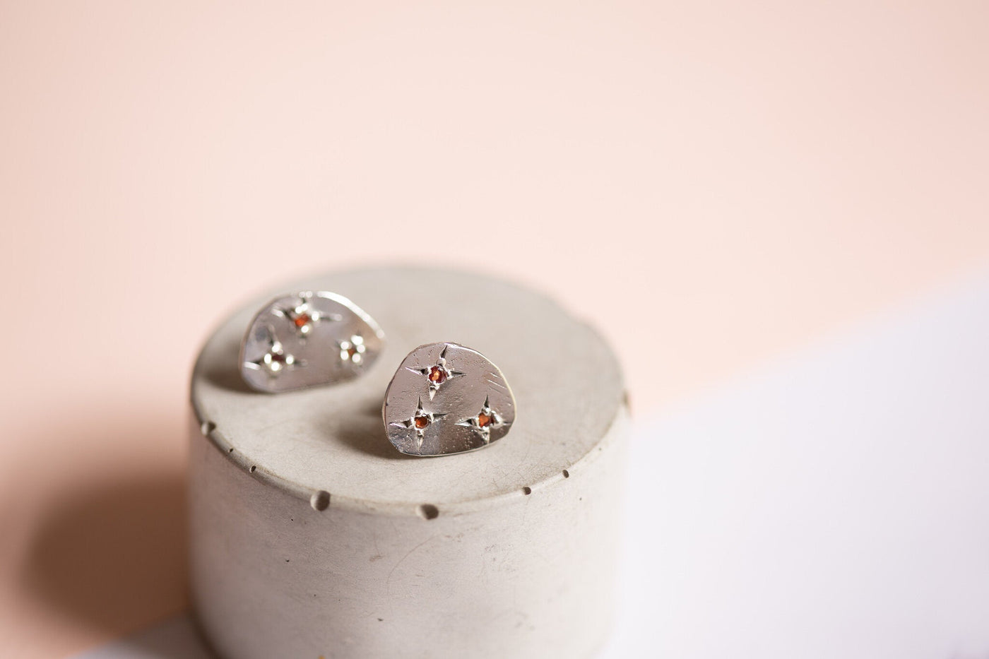 Silver Stud Earrings with Cast-in-place Orange Sapphire - Be. Alice